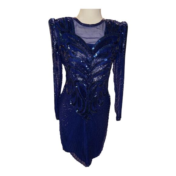 SCALA Milan Paris Vintage Blue Silk Heavily Beaded Beaded Dress Small - Picture 1 of 8